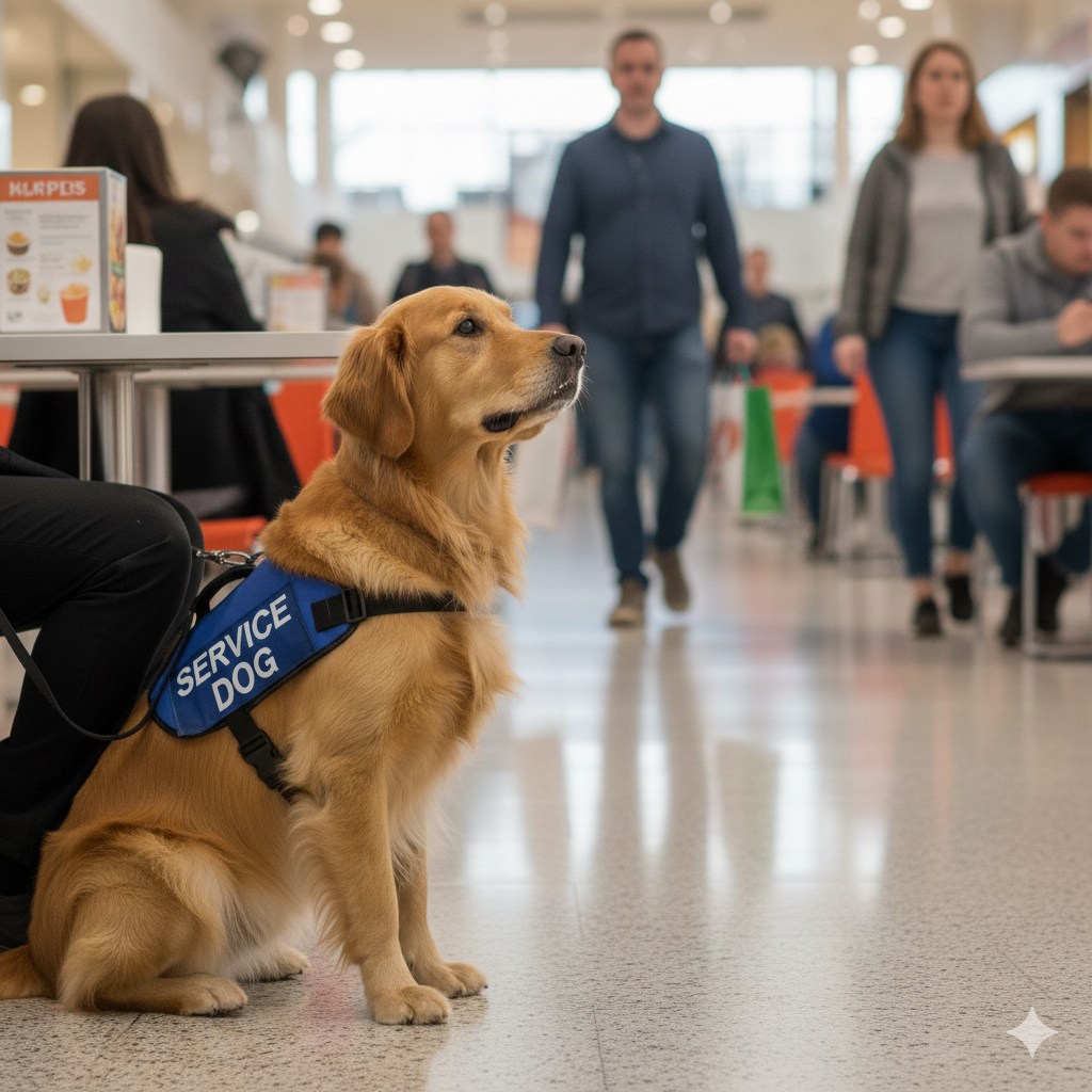 Golden Retriever service dog in blue vest sitting attentively at an airport terminal