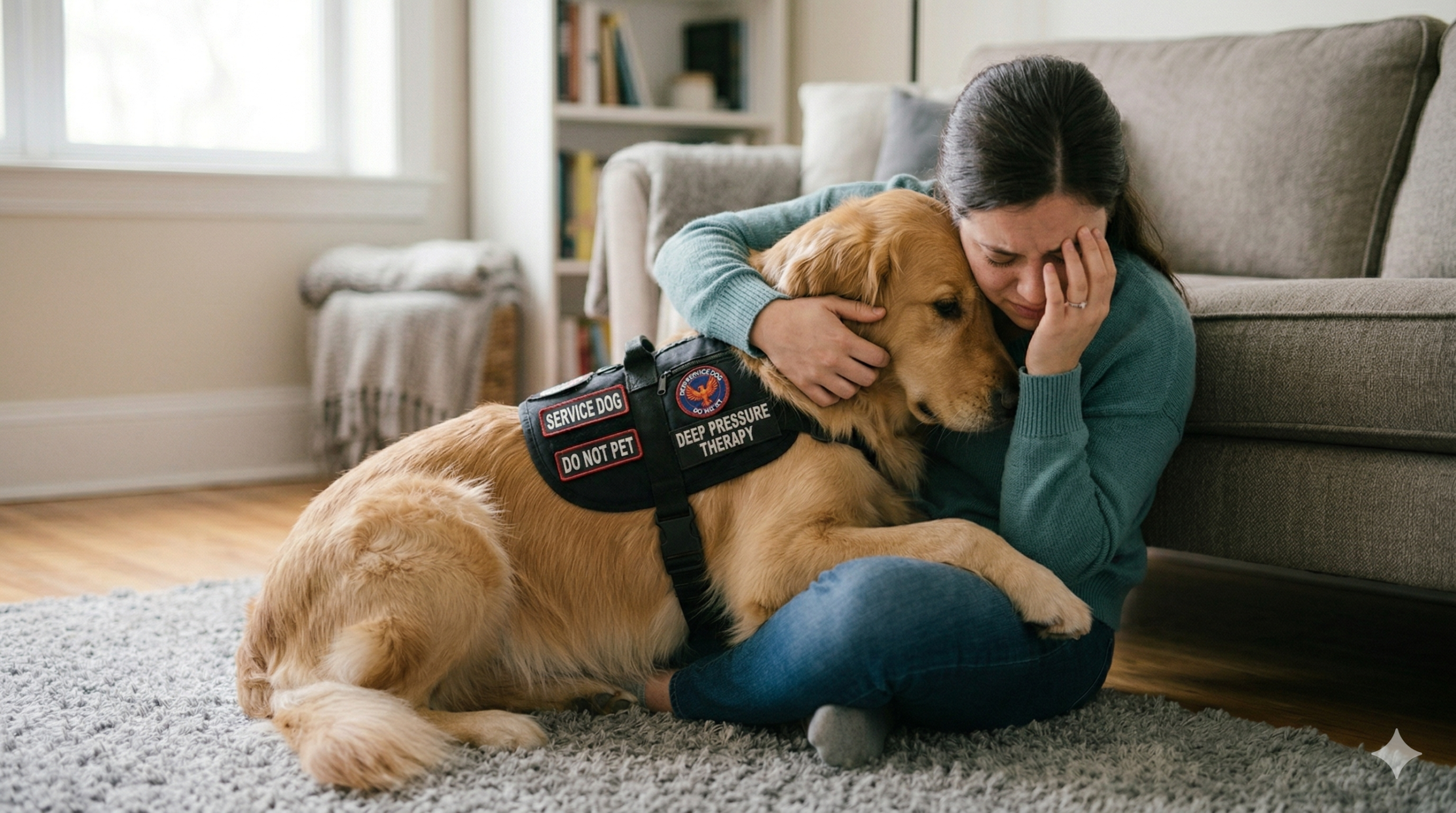 ptsd-service-dog-training-deep-pressure-therapy Golden Retriever service dog performing Deep Pressure Therapy (DPT) for a distressed handler during PTSD service dog training.