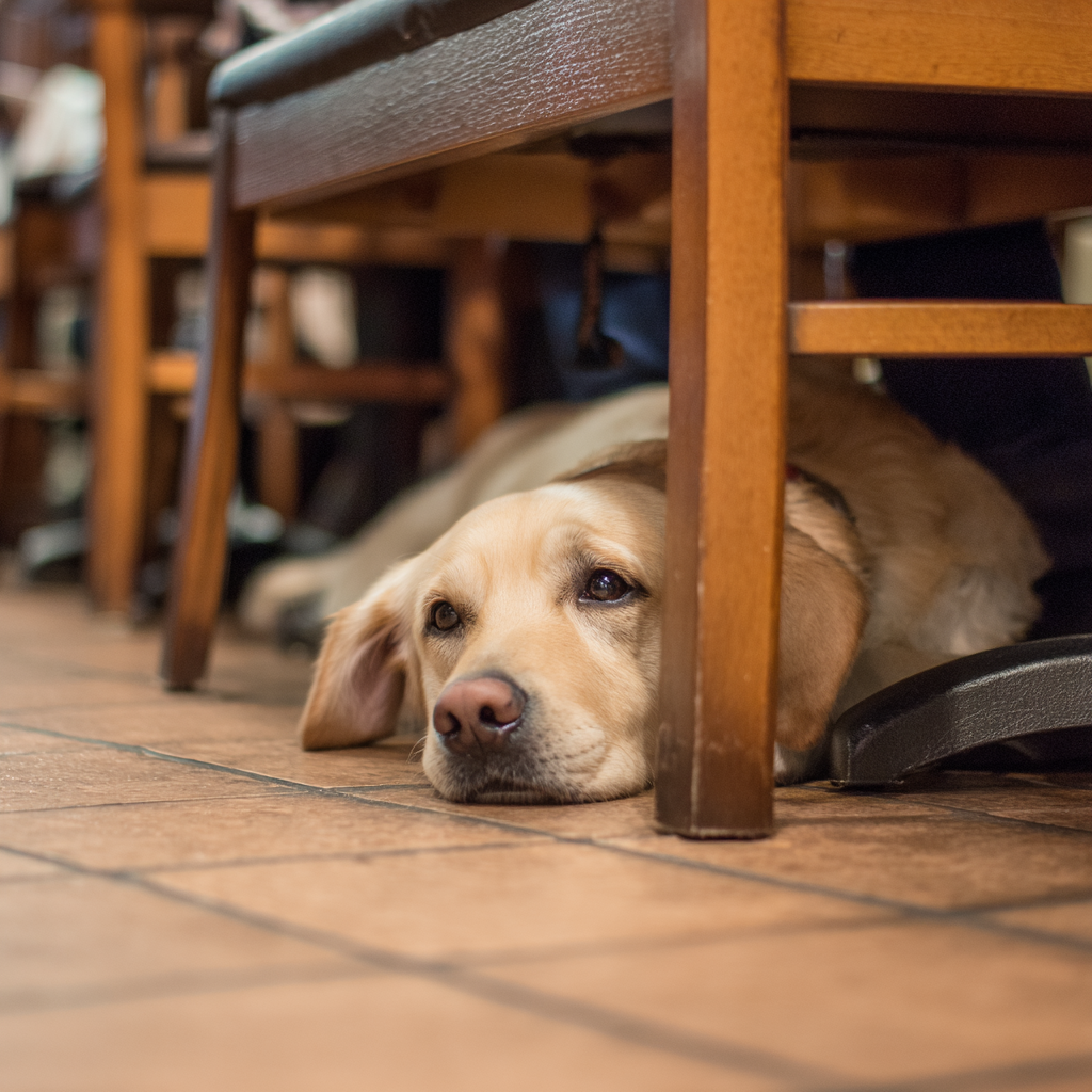 A fully trained service dog resting calmly on the floor under a restaurant table, demonstrating proper public access behavior under ADA laws.