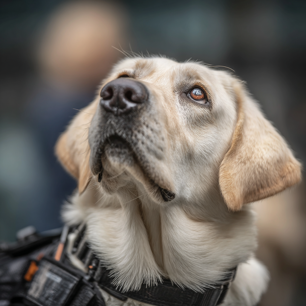 A medical alert dog wearing a service vest looking up attentively at its handler, ready to detect changes in blood sugar or cortisol.