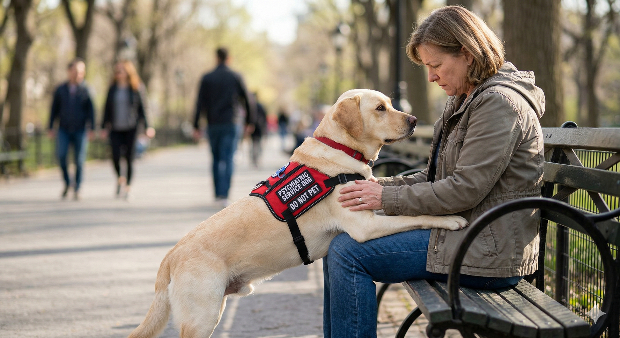 A yellow Labrador psychiatric service dog wearing a red 'Do Not Pet' vest performing deep pressure therapy on a woman seated on a park bench.