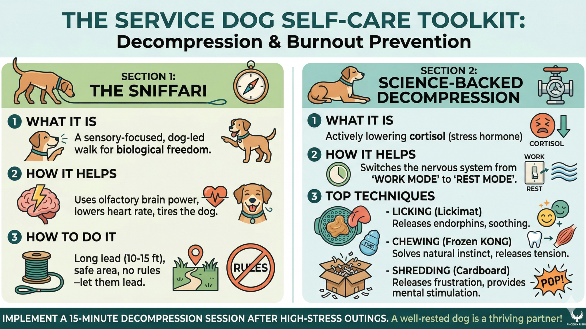 An infographic titled 'THE SERVICE DOG SELF-CARE TOOLKIT: Decompression & Burnout Prevention'. It is split into two sections. Section 1 covers 'THE SNIFFARI', detailing what it is (sensory-focused, dog-led walk), how it helps (uses brain power, lowers heart rate), and how to do it (long lead, no rules). Section 2 covers 'SCIENCE-BACKED DECOMPRESSION', explaining it lowers cortisol, switches the nervous system from 'WORK' to 'REST', and lists techniques: LICKING (Lickimat), CHEWING (Frozen KONG), and SHREDDING (Cardboard). A bottom banner advises a 15-minute decompression session after high-stress outings.
