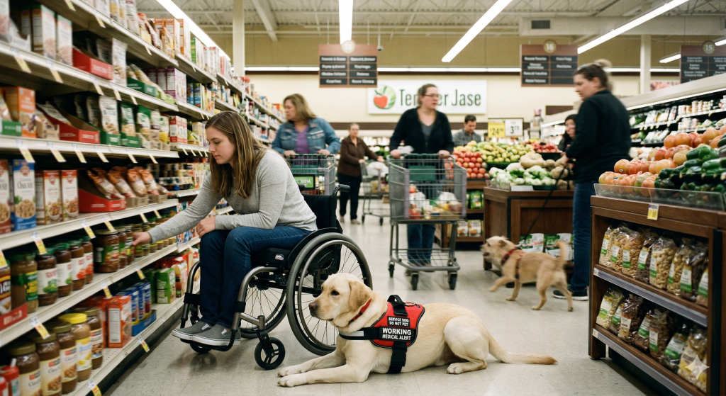 A focused yellow lab service dog in a red vest lies calmly on a grocery store floor next to a woman in a wheelchair, while an untrained pet lunges in the background.