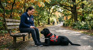 professional service dog handler, wearing a navy hoodie with the Phoenix Rising SDSL logo, is sitting on an autumn park bench and looking down with a smile at a large black Labrador service dog. The black lab is wearing a red service vest with a clear patch that reads "SERVICE DOG - DO NOT PET - PHOENIX RISING SDSL". The handler is holding the dog’s black leash as the dog rests its paws on her feet on a paved path surrounded by fall foliage.