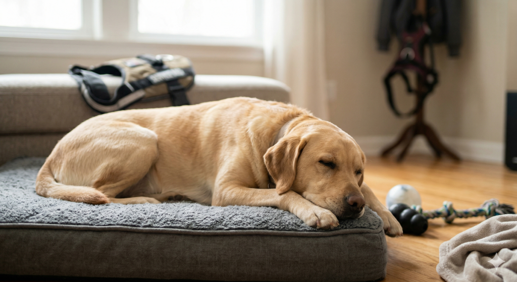 A yellow Labrador service dog sleeping deeply on a plush bed without its vest to reduce service dog stress.