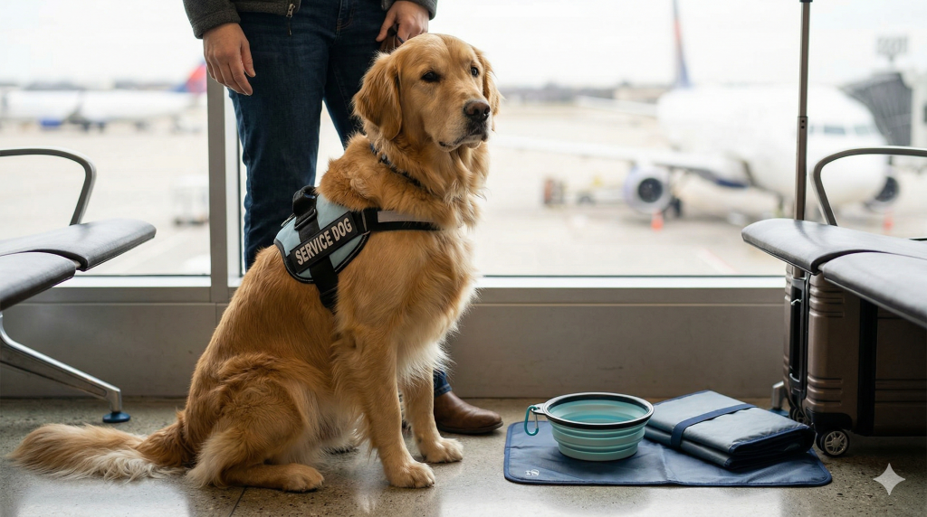 A large service dog, a Golden Retriever wearing a vest, sits calmly at an airport gate, illustrating essential travel hacks for handlers.