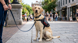 A Labrador service dog wearing a professionally fitted collar, illustrating the first step in proper service dog gear and maintenance.