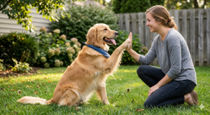 A cute pet dog performing a fun puppy trick like a high five, highlighting the difference from a service dog task