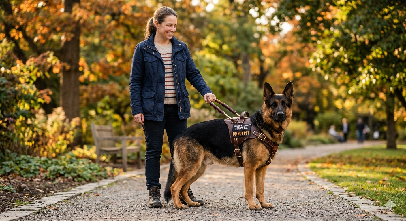Featured image: A strong German Shepherd service dog wearing a leather mobility harness with a bracing handle stands focused next to a dependent handler in golden-hour light.