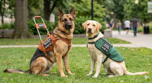 A comparison of service dog mobility vs medical alert harnesses on two working dogs.
