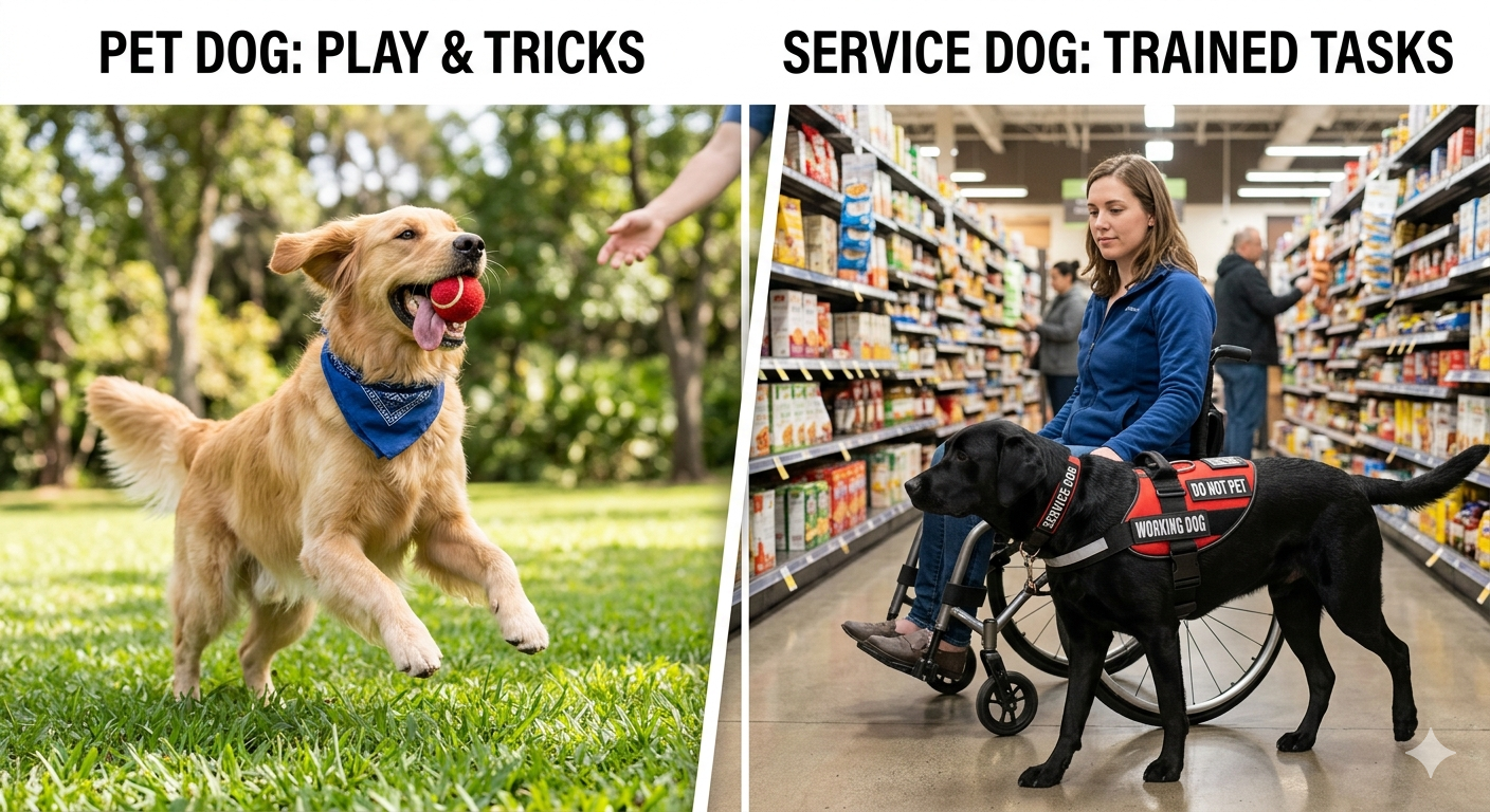 Split screen comparing a service dog task vs trick, showing a pet dog catching a frisbee and a vested service dog assisting a handler in a store