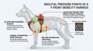 Ergonomic weight distribution in service dog mobility harnesses.