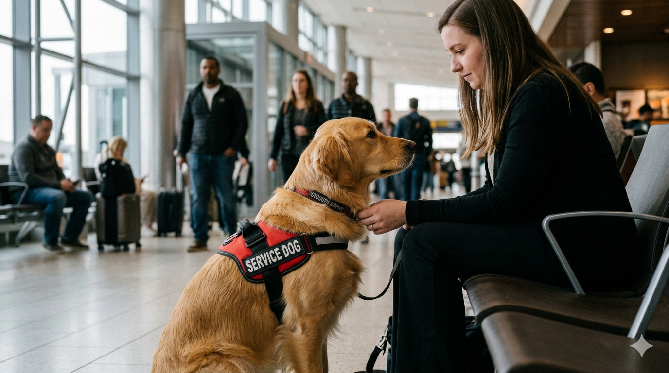 Service Dog in Airport Terminal with Handler A Golden Retriever wearing a red "SERVICE DOG" harness sits calmly next to its handler in an airport terminal, making eye contact.