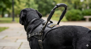 Close up of a custom leather mobility harness and vest, demonstrating the expense of working dog gear and the cost of an assistance dog.