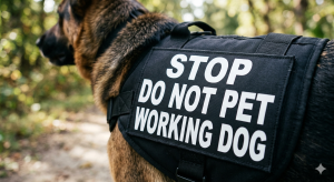 A close-up of a Do Not Pet warning patch on a harness, designed to stop the public from distracting a working dog.