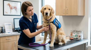 A veterinarian examining a golden retriever, showing how specialized medical care factors into the service dog investment.