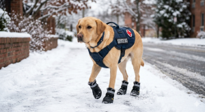 A working dog wearing protective boots, showing how seasonal changes impact service dog gear and maintenance routines.