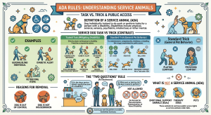 Infographic breaking down the ADA guidelines regarding a service dog task vs trick for public access rights