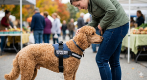 A medical alert dog nudging its handler's hand, illustrating how distracting a working dog can cause them to miss life-saving chemical shifts.