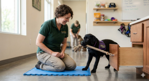 A professional dog trainer rewarding a young service dog in training, highlighting the time and cost of a service dog.
