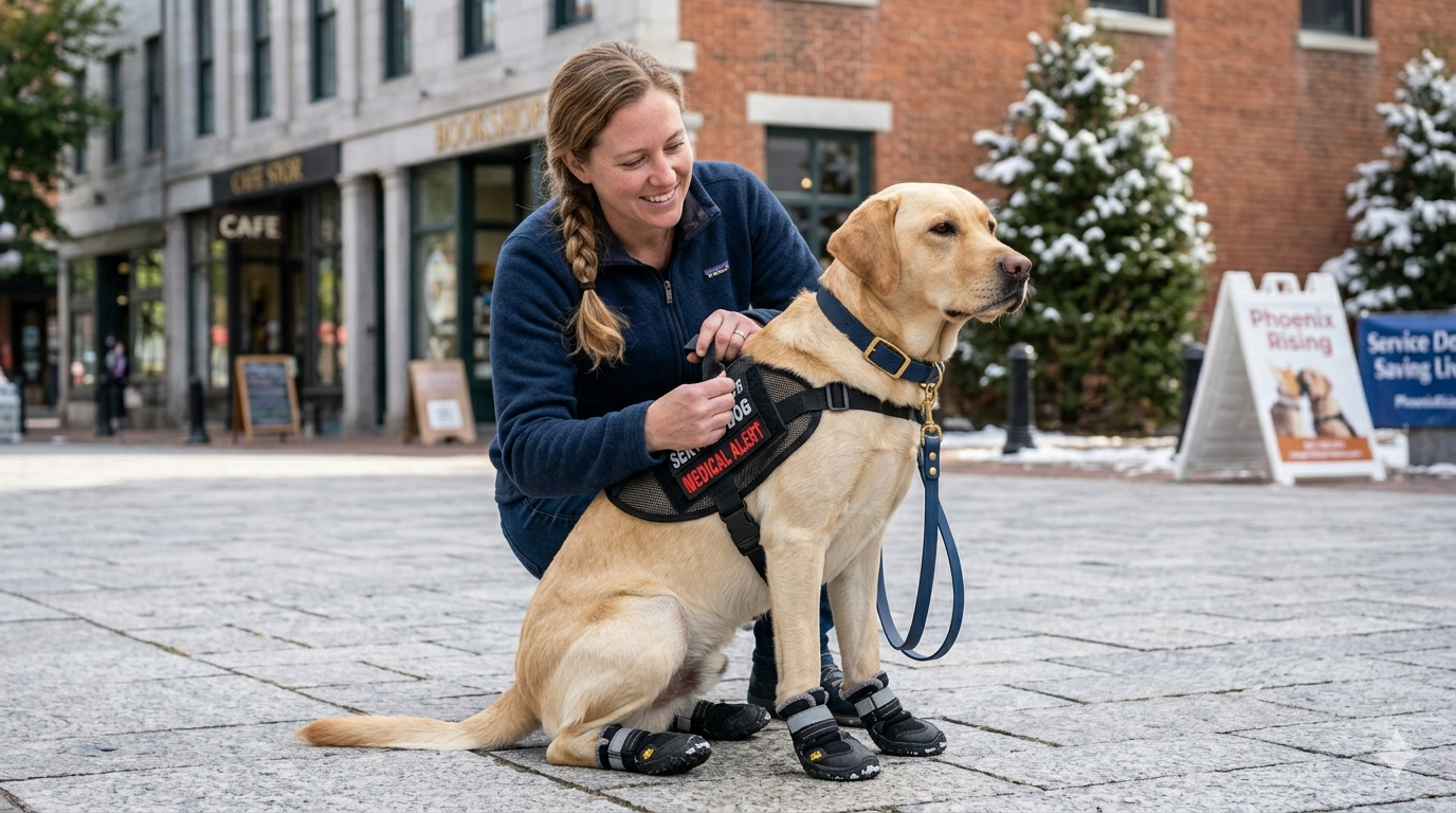 A crouching handler performs a weekly maintenance check on a Yellow Labrador's mobility harness and service dog gear, featuring 'SERVICE DOG' patches, a matching leash, and clear visibility in a paving stone plaza.