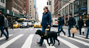 A focused guide dog safely navigating a busy crosswalk, highlighting why distracting a service dog in motion is a severe safety hazard.