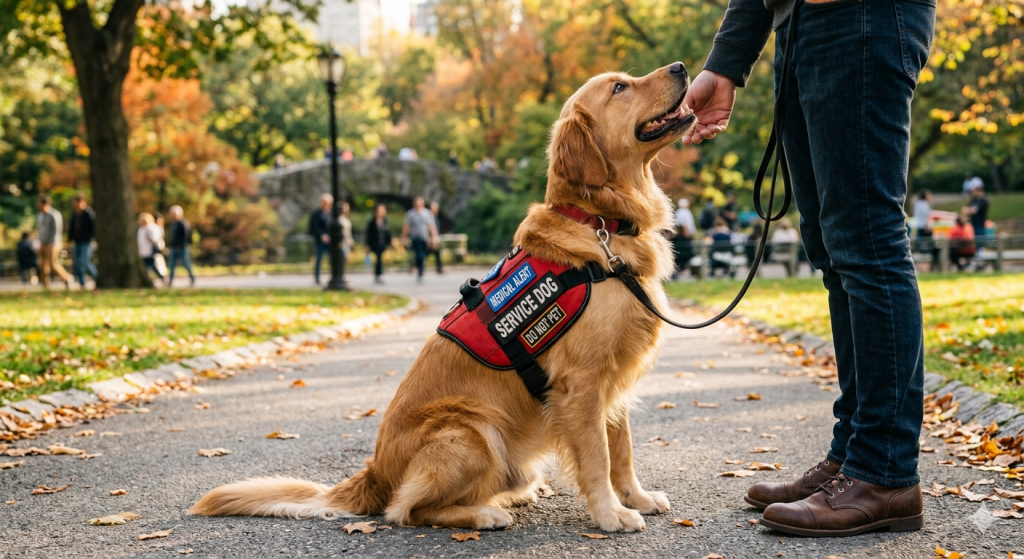Golden retriever service dog looking attentively at its handler Golden retriever service dog looking attentively at its handler