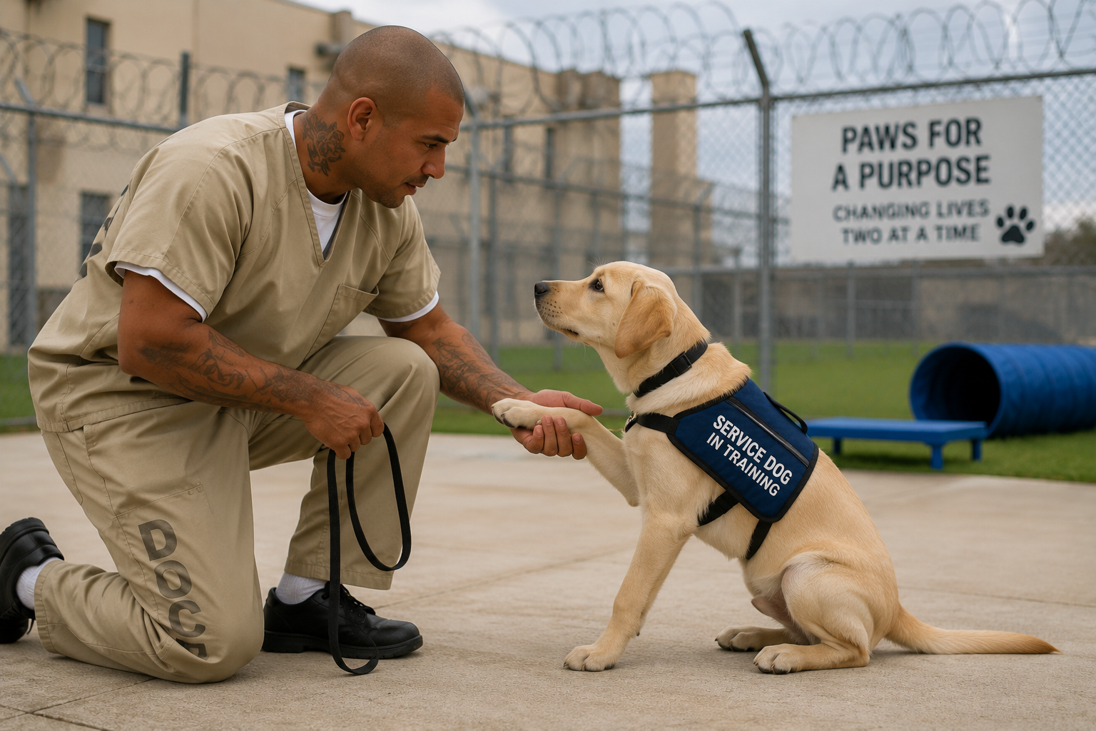 Dog tained at Prison Service dog in training and prisoner trainer