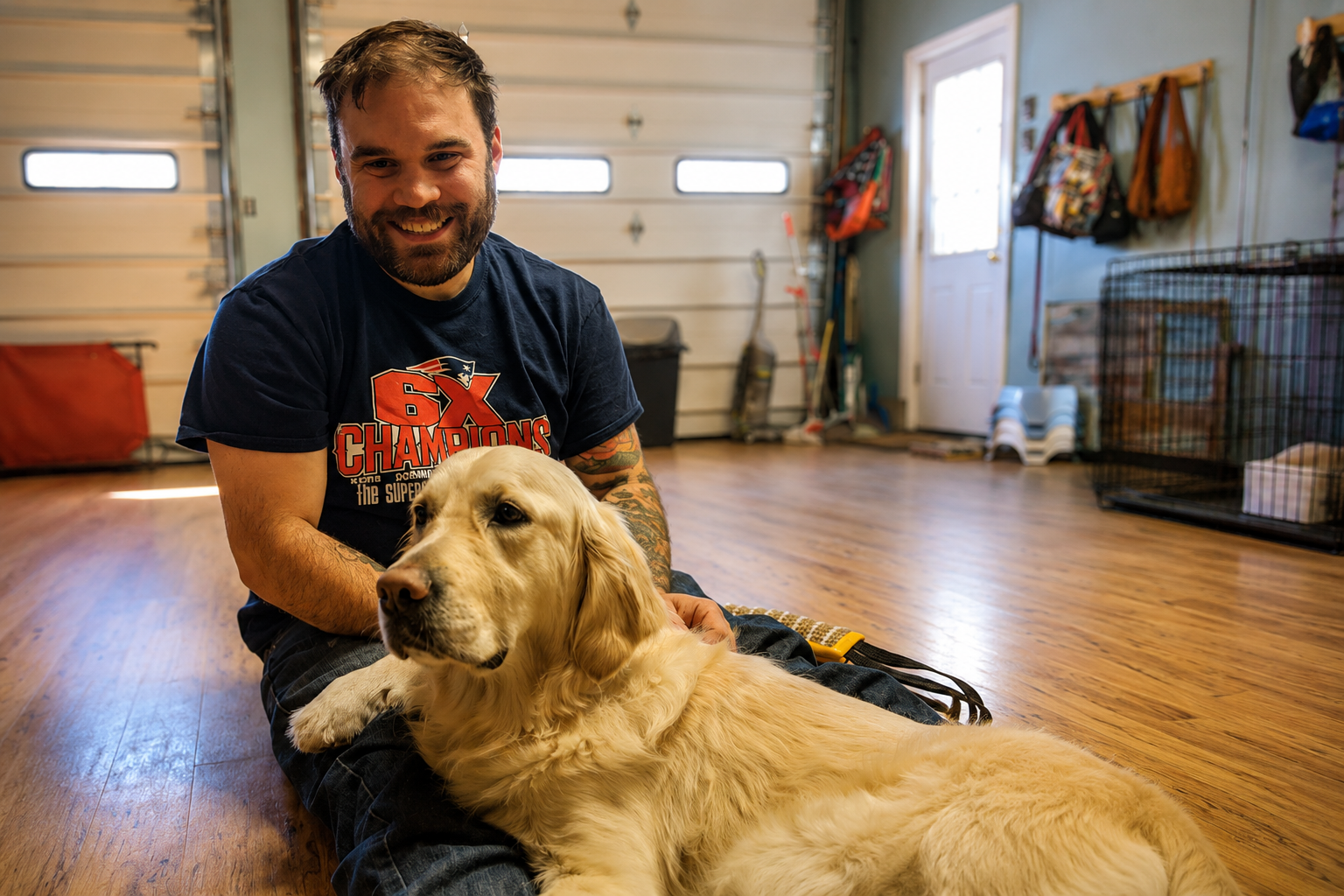 James Gets Nelle Horizontal Man with white dog on his lap