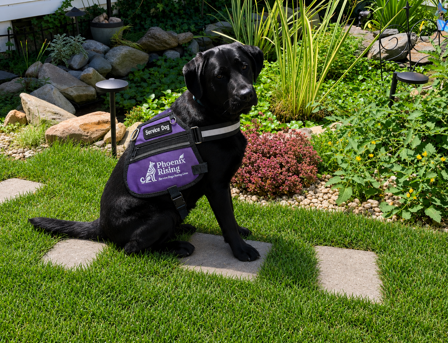 Shadow in Garden with Vest Black service dog in garden