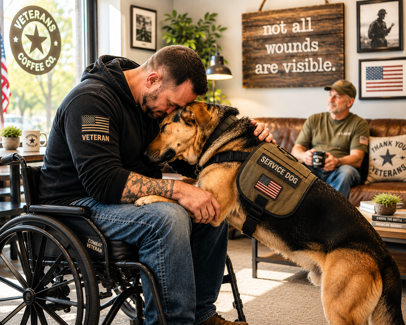 Veteran at Coffee Shop Veteran being comforted by a service dog