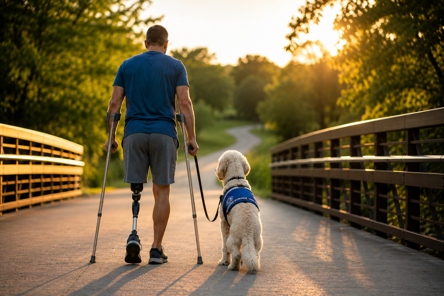 Man on Crutches with Dog
