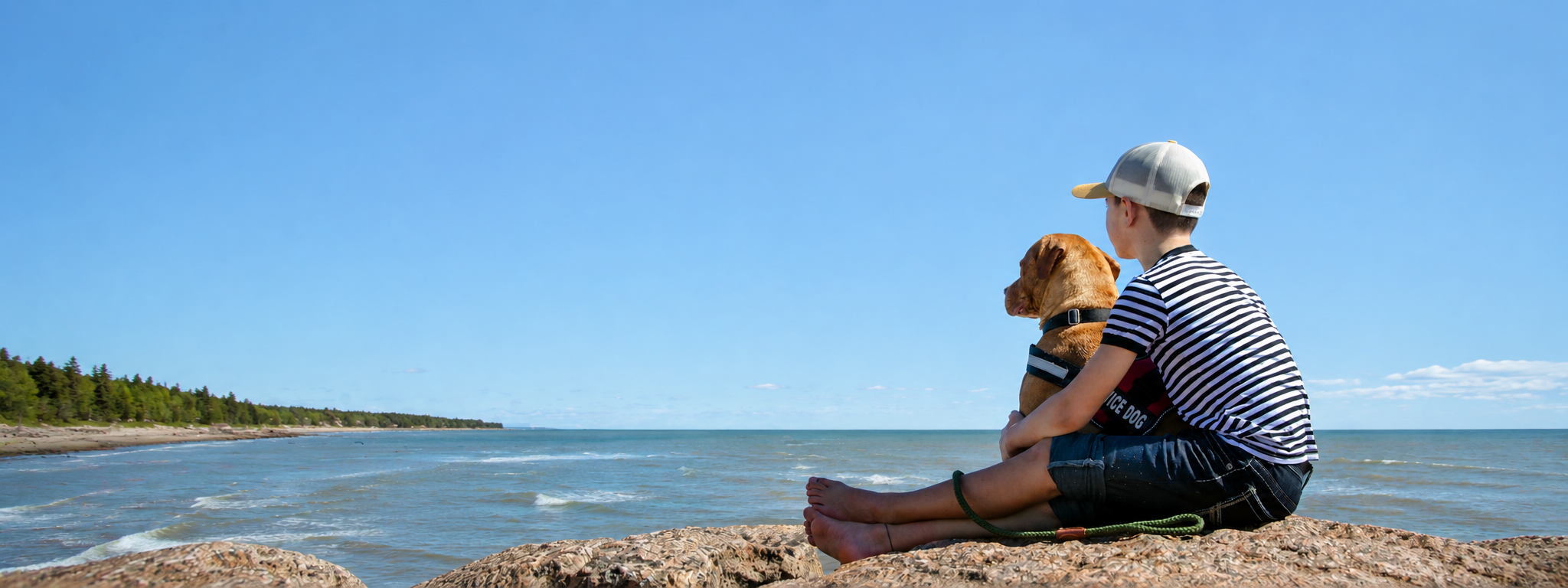 My Service Dog Keeps Me Safe preteen and service dog on rocks