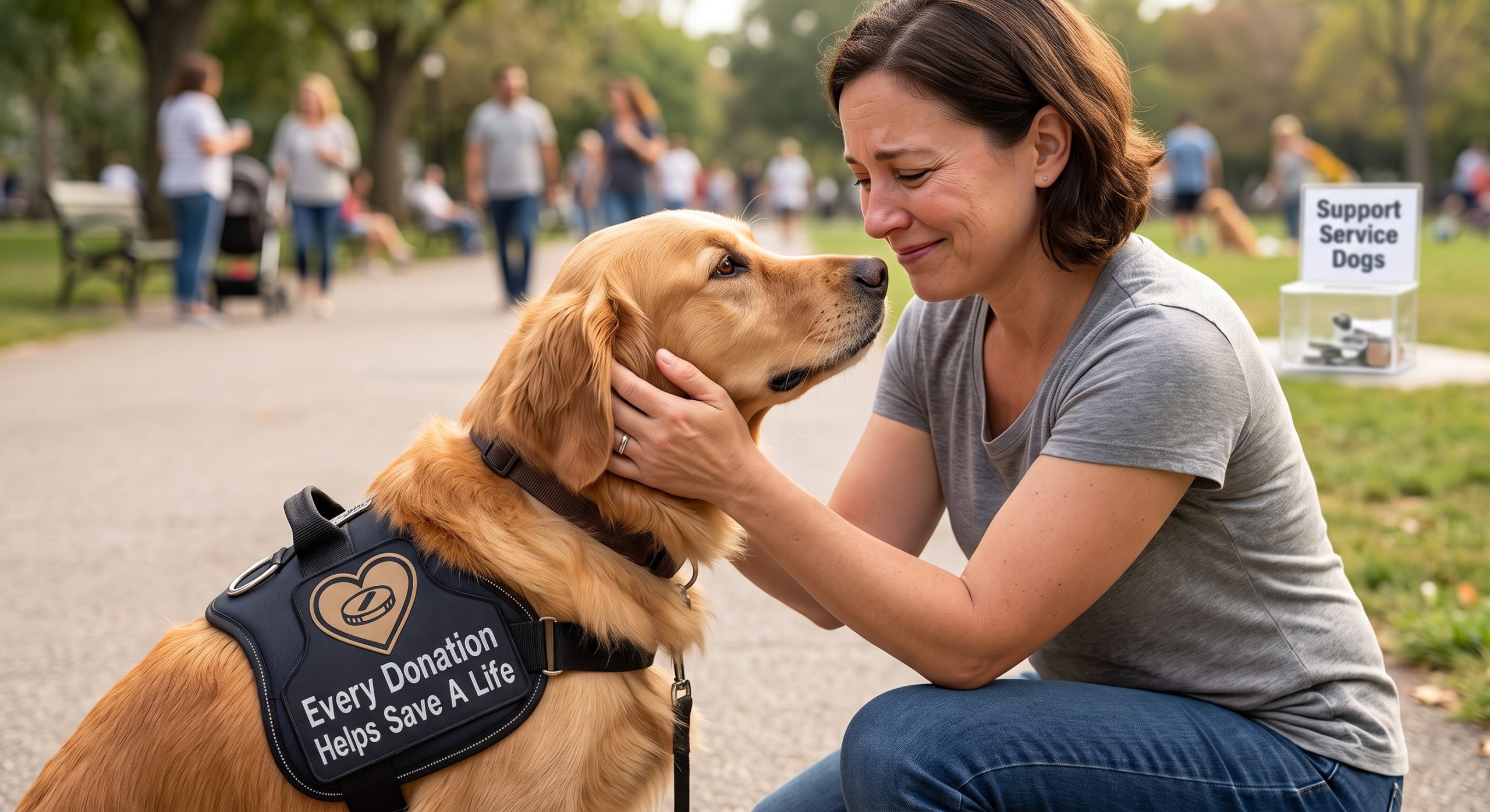 A medium photograph captures an intimate moment in a bustling city park on a sunny day. A woman in a grey t-shirt and jeans is kneeling on a paved pathway, her eyes tearful and face soft with emotion, cradling the head of a golden retriever. She is gently rubbing noses with the dog, which is wearing a black support vest with a patch that reads, “Every Donation Helps Save A Life.” The background is a gently blurred scene of people walking and a donation bin labeled, “Support Service Dogs,” adding context to the heartwarming interaction.