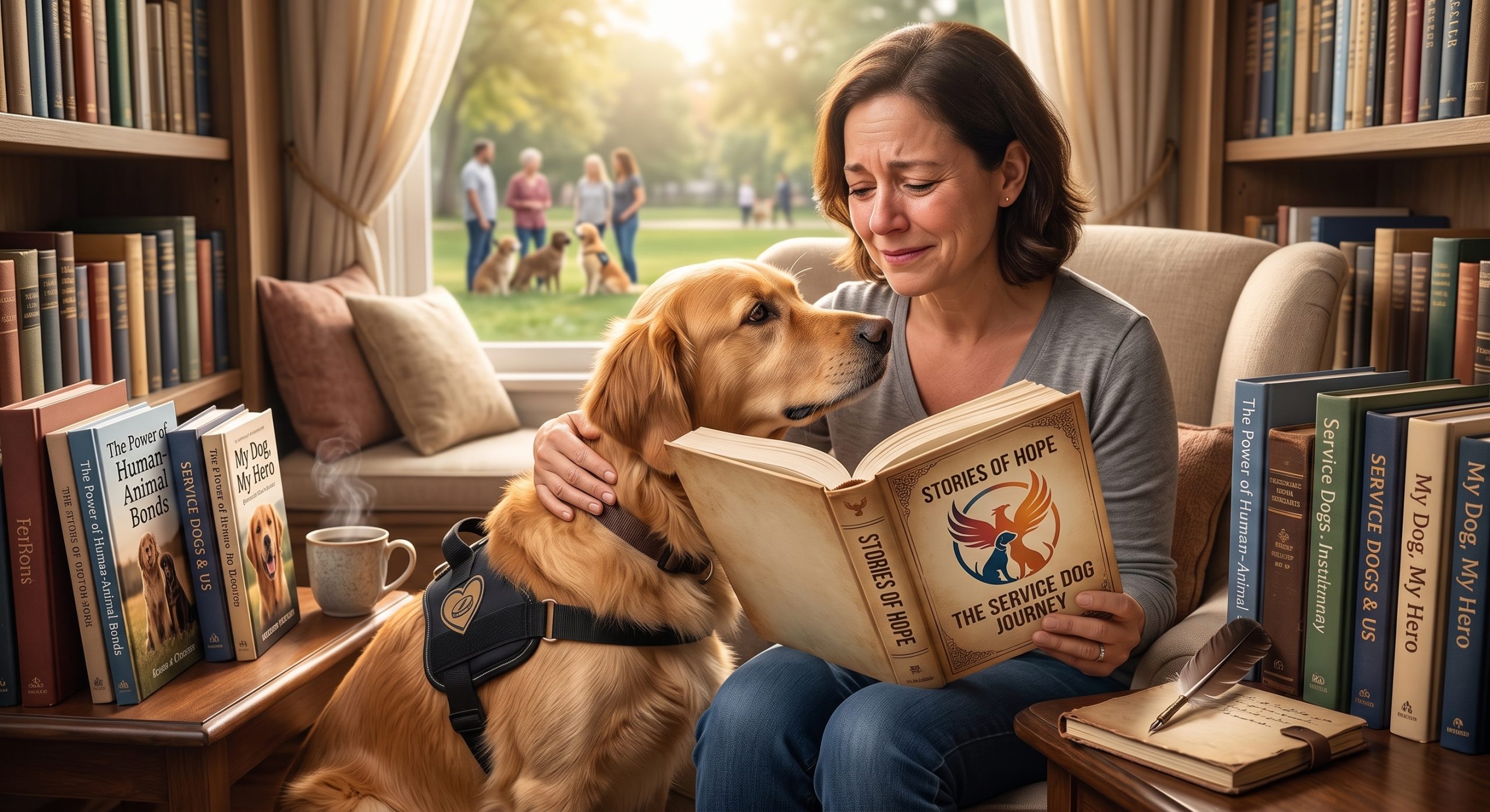 A woman reading a book about service dogs, her expression suggests very moving stories. she has her arm around a service dog.